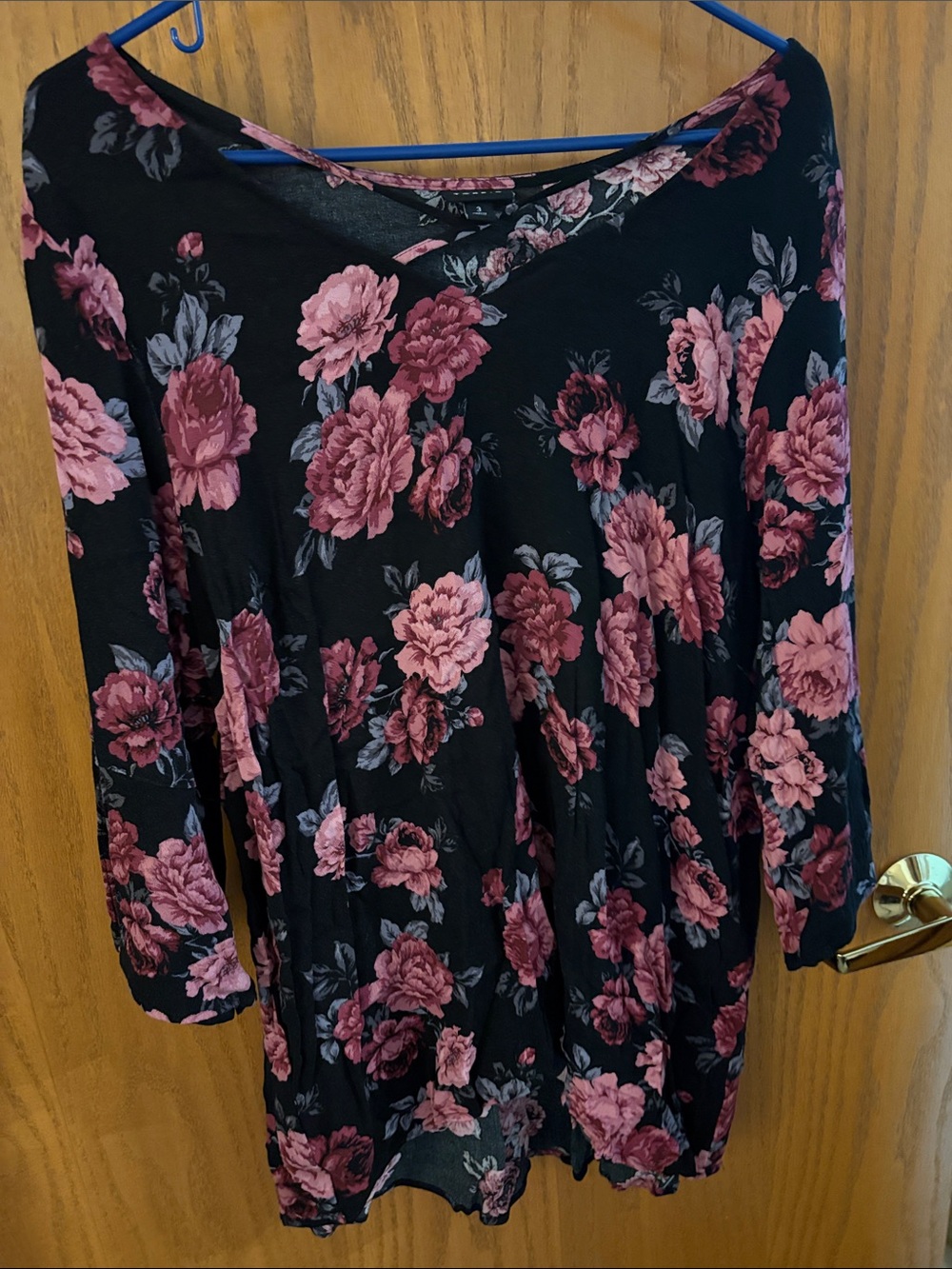 Black Floral Long-Sleeve Women's top with Pink Rose Print